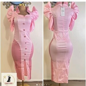 Pink Ruffled Buttoned Bodycon Midi Dress